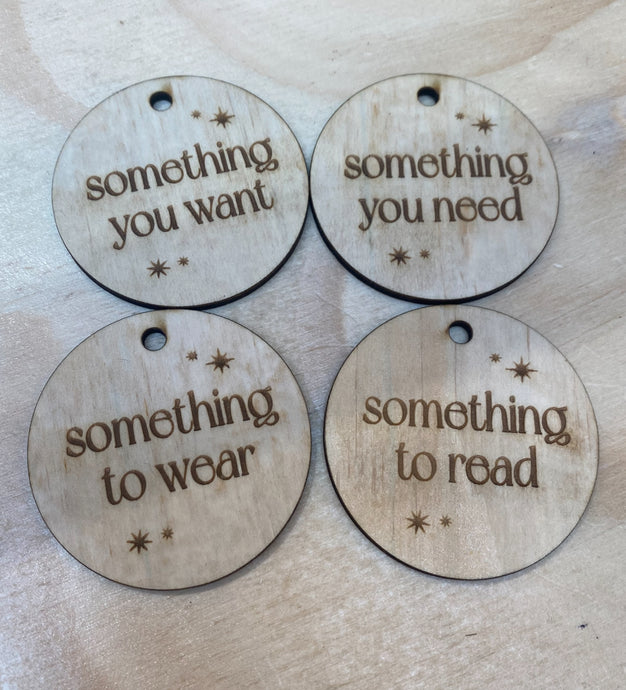 Personalised wooden mindful giving gift tags - WANT | NEED | WEAR | READ | SHARE | DO