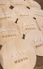 Load image into Gallery viewer, Wooden baby monthly milestone plaques with raised white acrylic script