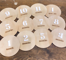 Load image into Gallery viewer, Wooden baby monthly milestone plaques with raised white acrylic numbers