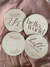 Load image into Gallery viewer, Personalised wooden hello world baby announcement plaques