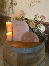 Load image into Gallery viewer, Custom acrylic bar menu and drinks signs styled at a wedding venue