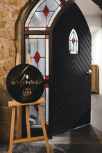 Load image into Gallery viewer, Custom round black acrylic business sign at The Manor Basket Range