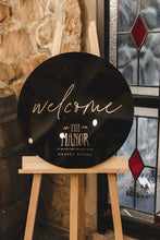 Load image into Gallery viewer, Round black acrylic welcome and business sign at The Manor Basket Range