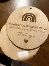 Load image into Gallery viewer, Wooden please look but don't touch baby sign with rainbow design