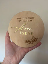 Load image into Gallery viewer, Personalised wooden baby name announcement plaque with gold acrylic name