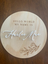 Load image into Gallery viewer, Personalised wooden baby name announcement plaque with white acrylic name