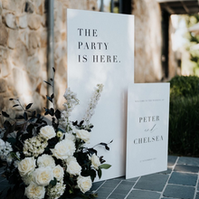 Load image into Gallery viewer, The Party Is Here freestanding welcome sign duo