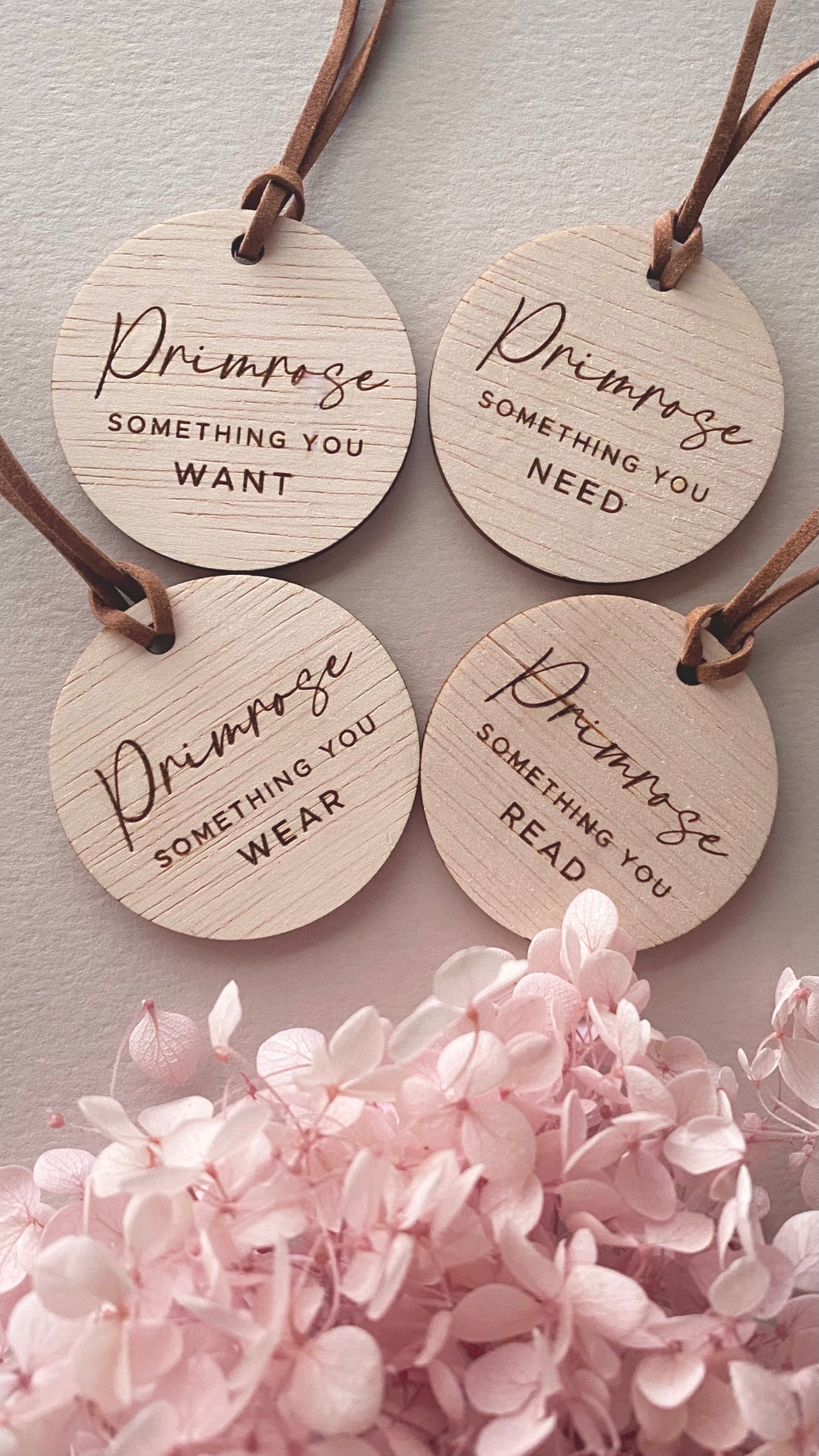 Personalised wooden mindful giving gift tags - WANT | NEED | WEAR | READ | SHARE | DO